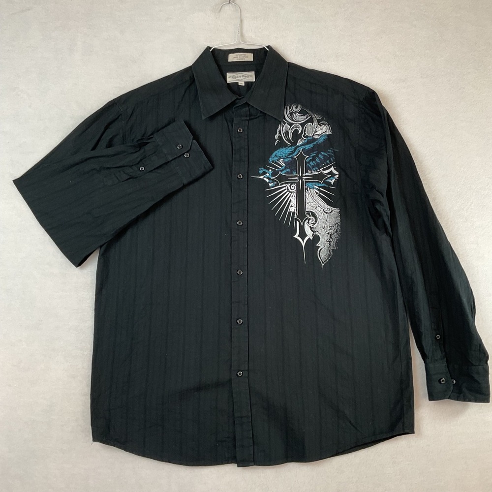Eighty Eight Mens XL Black Gothic Cross Raven Graphic Long Sleeve Button Down